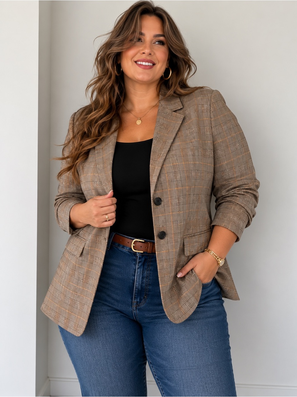 Matty M Brown Brown Plaid Blazer Jacket Career Office Chic Size 2x